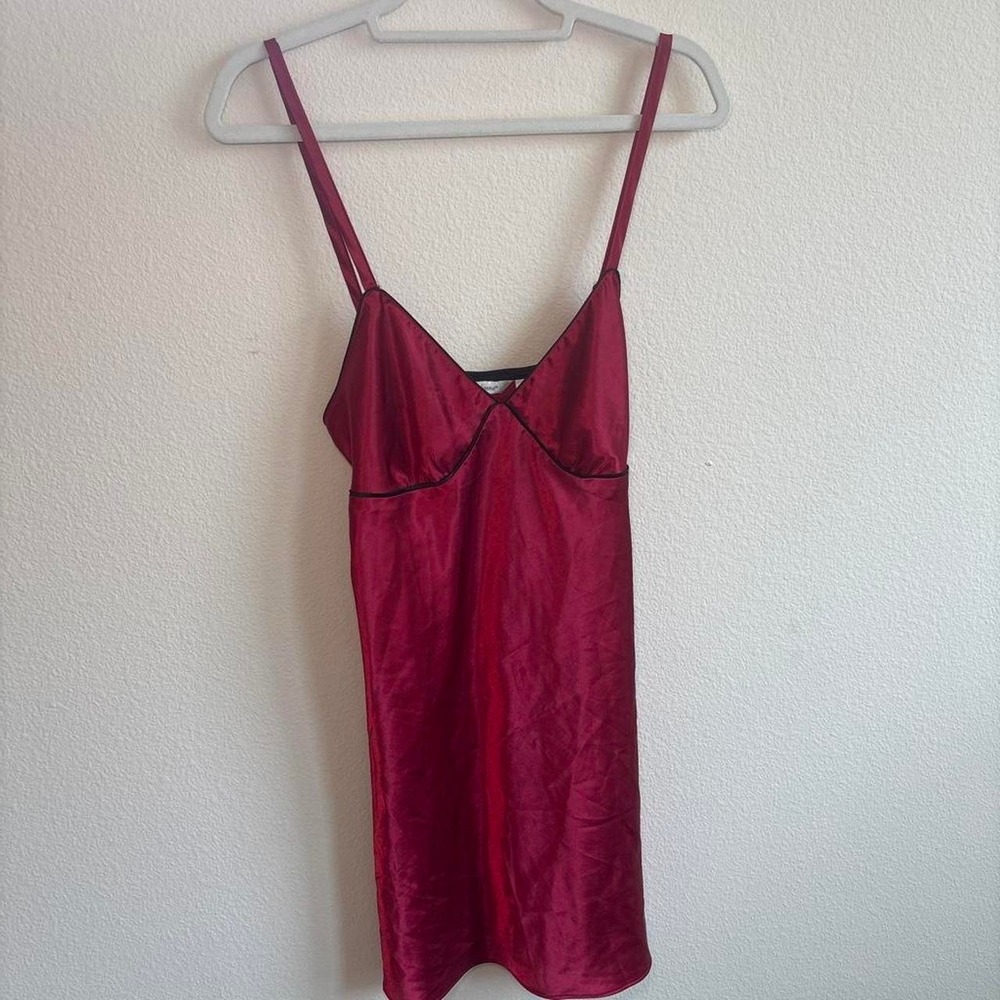 Adonna Burgundy Satin Slip Dress Black Trim V-Neck Eveningwear Red Medium